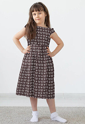 Block Printed Rayon Dress in Dark Brown