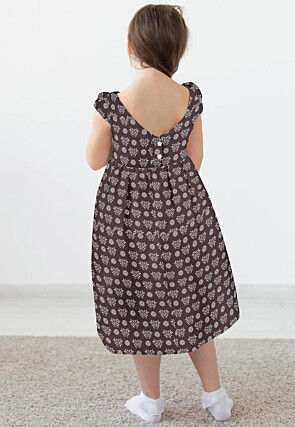 Block Printed Rayon Dress in Dark Brown
