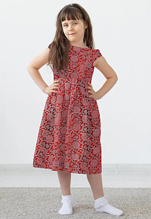 Block Printed Rayon Dress in Maroon