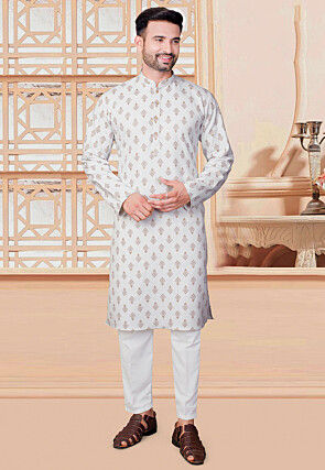 Block Printed Rayon Kurta Set in Off White