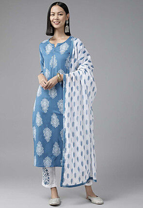 Block Printed Rayon Pakistani Suit in Blue