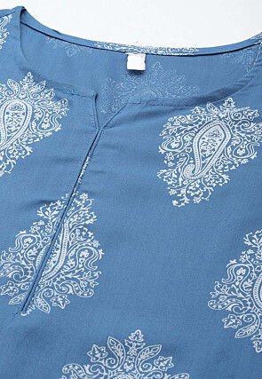 Block Printed Rayon Pakistani Suit in Blue