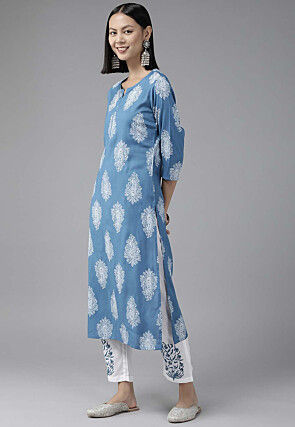 Block Printed Rayon Pakistani Suit in Blue