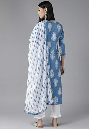 Block Printed Rayon Pakistani Suit in Blue