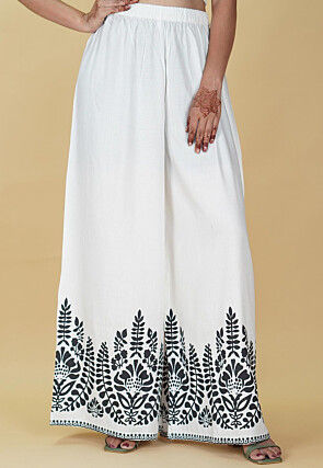 Block Printed Rayon Palazzo in Off White