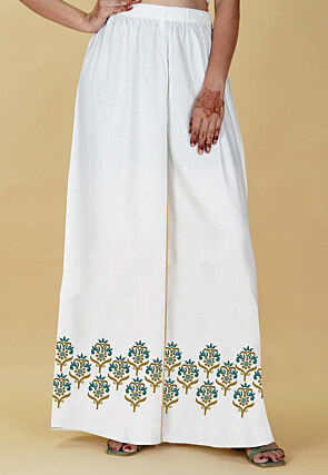 Block Printed Rayon Palazzo in Off White