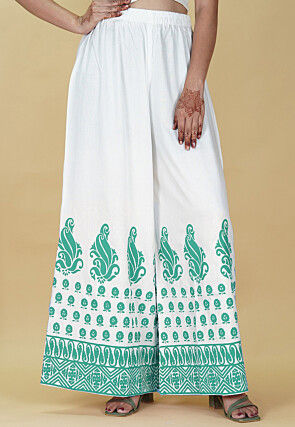 Block Printed Rayon Palazzo in White