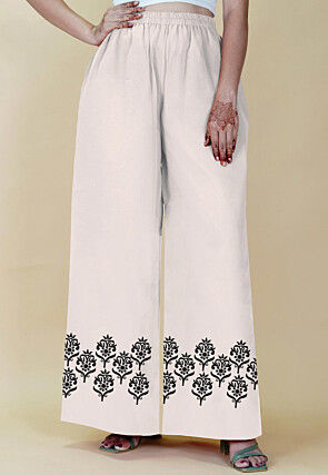 Block Printed Rayon Palazzo in White