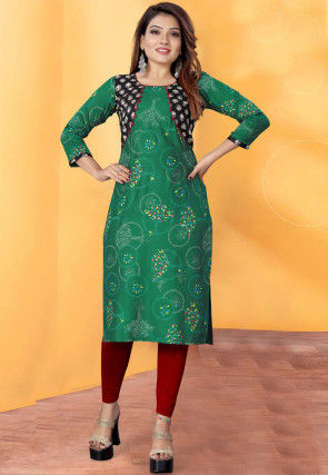 Block Printed Rayon Straight Kurta in Green