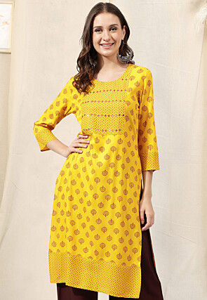 A-line style Cotton fabric Yellow color mirror work kurti with Bottom &  dupatta