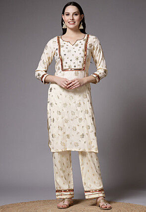 Foil Printed Rayon Straight Kurta Set in Light Beige