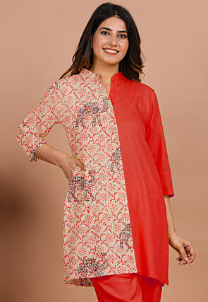 Block Printed Rayon Tunic in Red and Beige