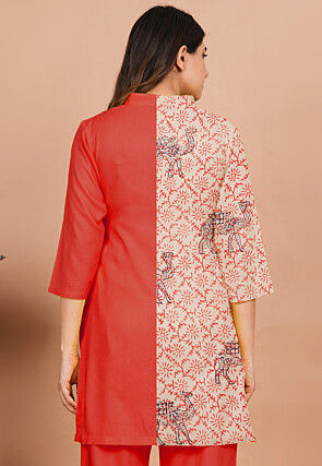Block Printed Rayon Tunic in Red and Beige