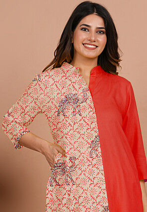 Block Printed Rayon Tunic in Red and Beige