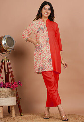 Block Printed Rayon Tunic Set in Red and Beige