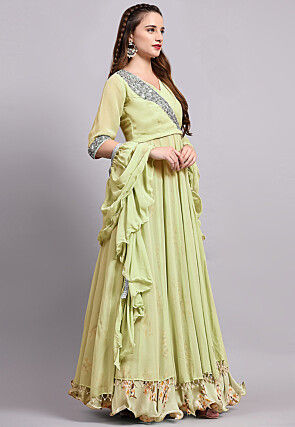 Block Printed Satin Georgette Lehenga in Light Green