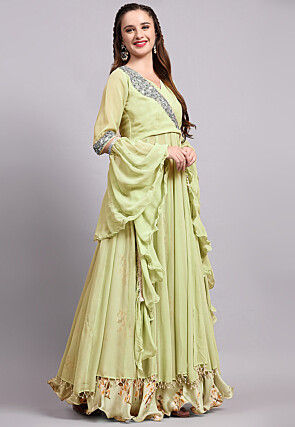 Block Printed Satin Georgette Lehenga in Light Green