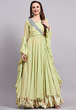 Block Printed Satin Georgette Lehenga in Light Green