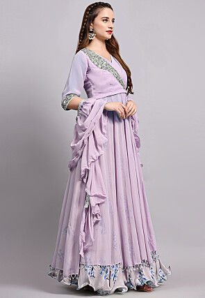 Block Printed Satin Georgette Lehenga in Light Purple