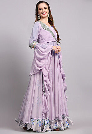 Block Printed Satin Georgette Lehenga in Light Purple