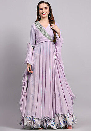 Block Printed Satin Georgette Lehenga in Light Purple