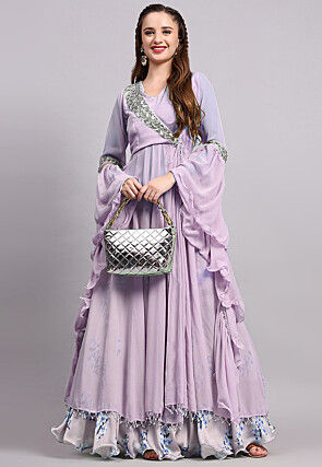 Block Printed Satin Georgette Lehenga in Light Purple