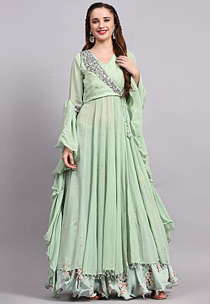 Block Printed Satin Georgette Lehenga in Sea Green
