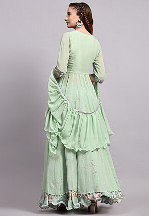 Block Printed Satin Georgette Lehenga in Sea Green