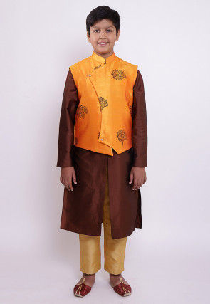 Block Printed Taffeta Silk Sherwani Set in Brown and Orange