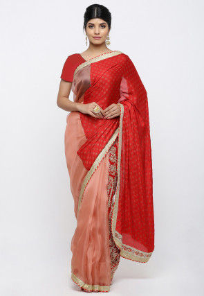 Block Printed Tissue Net Saree in Red and Peach