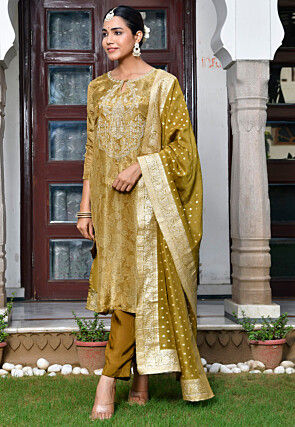 Block Printed Tissue Pakistani Suit in Olive Green