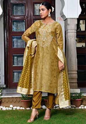 Block Printed Tissue Pakistani Suit in Olive Green