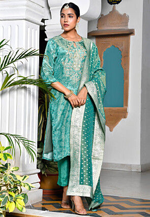 Block Printed Tissue Pakistani Suit in Sea Green