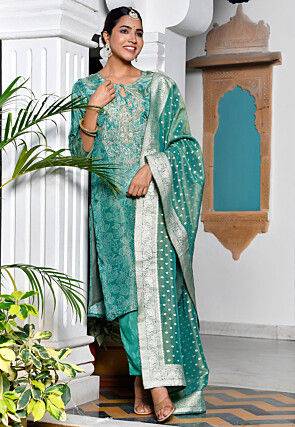 Block Printed Tissue Pakistani Suit in Sea Green