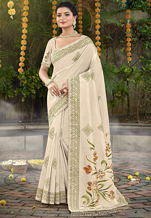 Block Printed Tussar Silk Saree in Cream