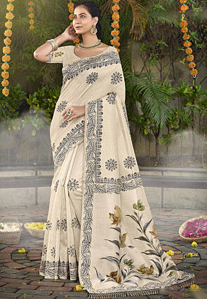 Block Printed Tussar Silk Saree in Cream