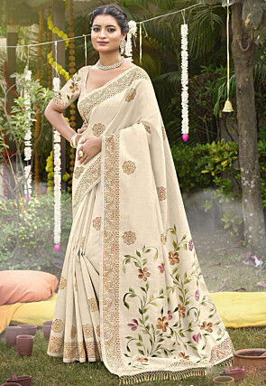 Block Printed Tussar Silk Saree in Cream
