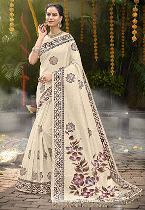 Block Printed Tussar Silk Saree in Cream