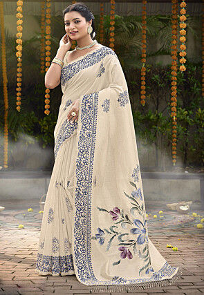 Block Printed Tussar Silk Saree in Cream