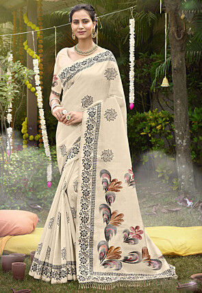 Block Printed Tussar Silk Saree in Cream