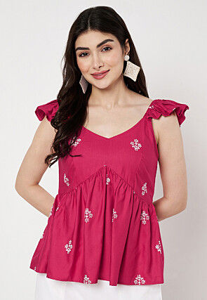 Block Printed Viscose Silk Peplum Top in Fuchsia