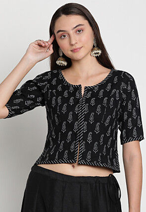Block Printed Viscose Rayon Blouse in Black