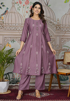 Block Printed Viscose Silk A Line Kurta Set in Purple