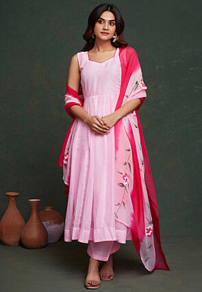 Hand Printed Viscose Silk Anarkali Suit in Light Pink