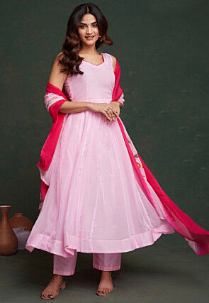 Hand Printed Viscose Silk Anarkali Suit in Light Pink