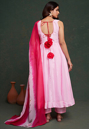 Hand Printed Viscose Silk Anarkali Suit in Light Pink