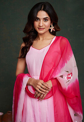 Hand Printed Viscose Silk Anarkali Suit in Light Pink