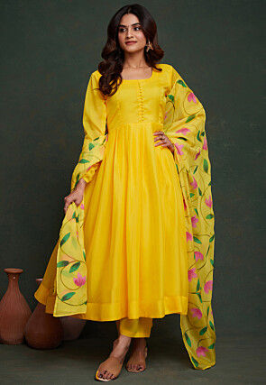 Hand Printed Viscose Silk Anarkali Suit in Yellow