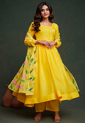 Hand Printed Viscose Silk Anarkali Suit in Yellow