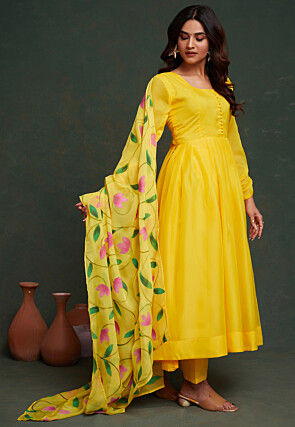 Hand Printed Viscose Silk Anarkali Suit in Yellow